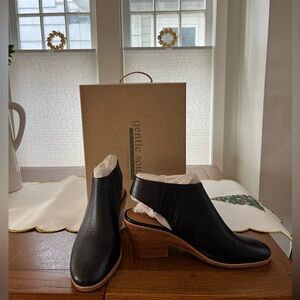 Gentle Souls Black Leather Chunky Slingbacks with Wooden Heel